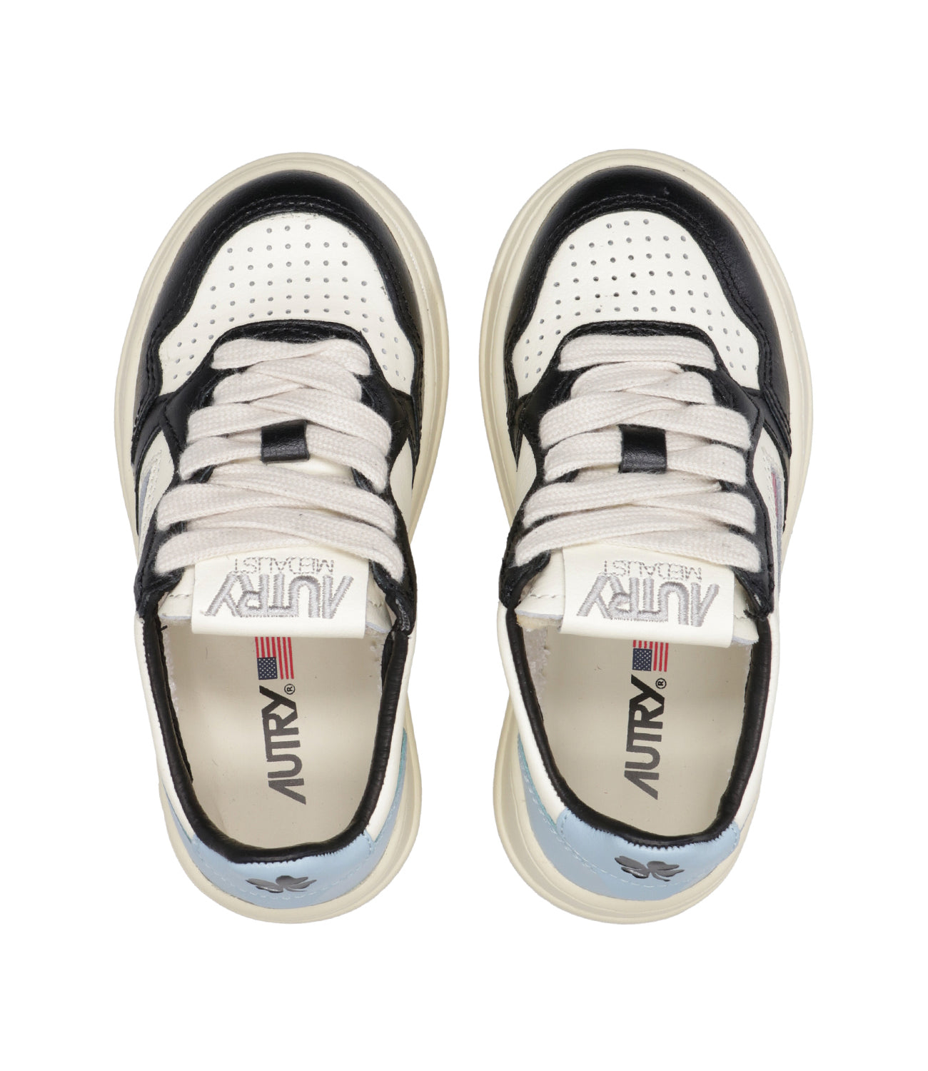 Autry Kids | Medalist Low White Black and Light Blue Sneakers