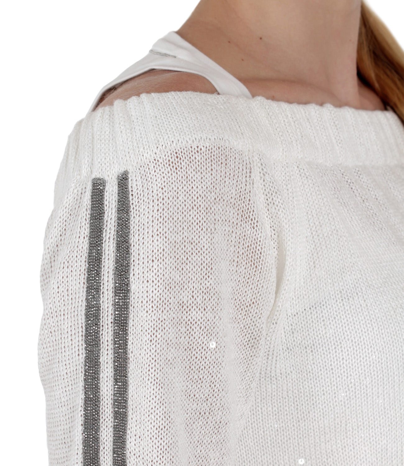 Maglia scollo dritto in lino e seta Diamante con "Precious Stripes"