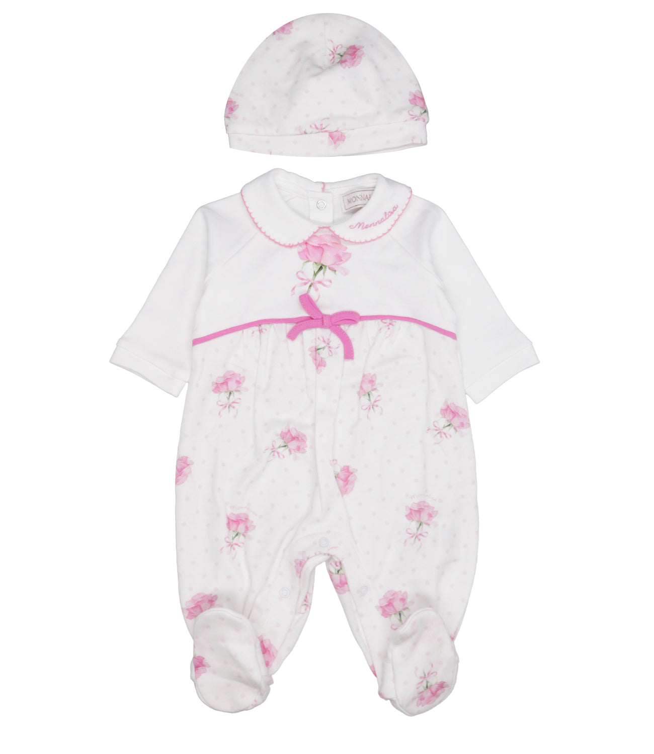 Monnalisa | Pink and White Sleepsuit and Bonnet Set